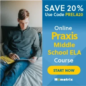 A man sitting on a bed using a tablet, with an advertisement for Mometrix's online Praxis Middle School ELA course, featuring a 20% discount code.