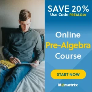 A person in a gray sweater is sitting on a bed using a tablet. The ad promotes a 20% discount on an online pre-algebra course with the code PREALG20. A "Start Now" button and Mometrix logo are also shown.