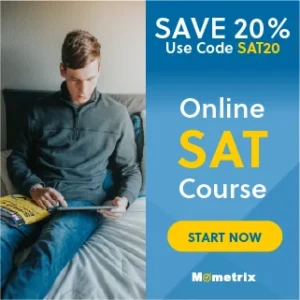 A person sits on a bed browsing a tablet while holding a book. The advertisement on the right promotes a 20% discount on an online SAT course with the code "SAT20." The call to action reads "Start Now.