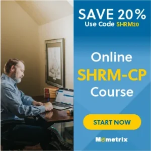A man works on a laptop at a desk. Text on the right advertises a 20% discount on an online SHRM-CP course with code SHRM20. A "Start Now" button and Mometrix logo are also visible.