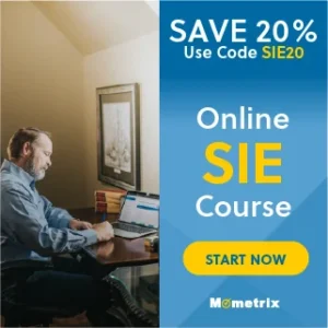 A man sits at a desk working on a laptop. The text promotes a 20% discount on an online SIE course from Mometrix using the code SIE20, and prompts users to "Start Now.