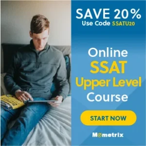 Man studying on bed with a tablet next to an advertisement for a 20% discount on an online SSAT Upper Level Course from Mometrix, with the code SSATU20.