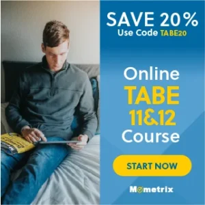 A person sits on a bed, reading a book. Text on the image promotes a 20% discount on an online TABE 11 & 12 course with the code TABE20, encouraging viewers to start now. Mometrix logo is visible.