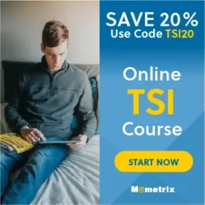 A person is seated on a bed while using a tablet. Text on the image reads "Save 20% Use Code TSI20 Online TSI Course START NOW Mometrix.