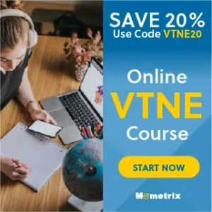 Person wearing headphones studying with a laptop and phone next to a notebook; "Save 20% Use Code VTNE20" and "Online VTNE Course Start Now" text on a blue and yellow promotional banner.