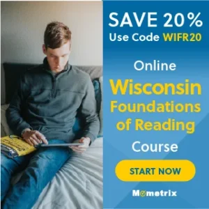 A man sitting on a bed using a tablet with a Wisconsin Foundations of Reading course ad on the right side promoting a 20% discount with code WIFR20.