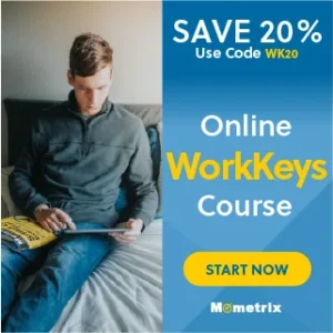 A person sitting on a bed holding a tablet. Text on the right advertises a 20% discount with code WK20 for an online WorkKeys course, urging viewers to start now. Branding at the bottom reads "Mometrix.