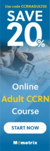 Banner advertisement for a 20% discount on an online Adult CCRN course from Mometrix, featuring a student studying with a laptop and open notebooks. Promo code: CCRNADULT20.