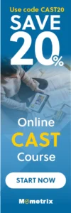 Vertical online course advertisement with the text "Use code CAST20 SAVE 20% Online CAST Course START NOW Mometrix." Person holding a tablet with study materials around.