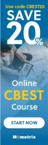 Banner for an online CBEST course from Mometrix, offering a 20% discount with the code CBEST20. A person is using a tablet while studying, and there is a "Start Now" button at the bottom.