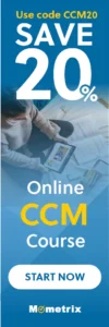 Advertisement banner showing a person with a tablet, promoting an online CCM course by Mometrix. The banner offers a 20% discount with the code CCM20 and a "Start Now" button.