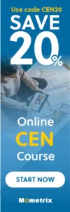 Banner ad promoting an online CEN course with a 20% discount using code CEN20. The image shows a person using a tablet, with the caption "Online CEN Course START NOW" and Mometrix branding at the bottom.