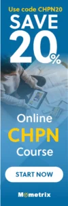 Promotional banner for an online CHPN course. The text highlights a 20% discount using the code CHPN20, and features a person using a tablet. The bottom text says "START NOW" and "Mometrix.