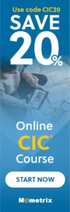 Banner with a promotion for an online CIC course from Mometrix. It offers a 20% discount using code CIC20 and features a person studying with a tablet and papers on a desk. Button says "Start Now.