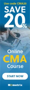 Banner ad showing a person studying with books and notes. Text reads: "Use code CMA20. Save 20% Online CMA Course. Start Now. Mometrix.