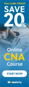 Ad for a 20% discount on an online CNA course with the code CNA20. A person is sitting on the floor with papers and a laptop. The ad includes the text "Start Now" and "Mometrix".