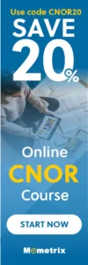 Banner promoting a 20% discount on an online CNOR course with code CNOR20. Includes image of a person using a tablet. Text reads "SAVE 20%", "Online CNOR Course", "START NOW", and "Mometrix".