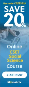 Banner ad for Mometrix promoting a 20% discount on the Online CSET Social Science Course with code CSETSS20. The ad features a person studying with papers and a tablet.