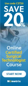 Banner ad for an online Certified Surgical Technologist Course by Mometrix, offering a 20% discount with code CST20. The ad features a person studying with various printed materials and a tablet.