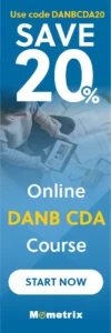 Banner promoting a 20% discount on an online DANB CDA course with code DANBCDA20. Text on banner instructs to start now with Mometrix. A person uses a tablet on a table scattered with papers.