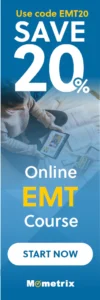A banner for an online EMT course by Mometrix offers a 20% discount with the code EMT20. A person is studying on a tablet. The banner includes a "START NOW" button.