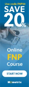 Promotional image for an online FNP course by Mometrix, offering a 20% discount with code FNP20. Button text reads "Start Now." Image shows a person studying with a tablet and scattered papers.