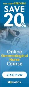 A young professional uses a tablet while taking an online gerontological nurse course, with a 20% discount code "GERON20" displayed at the top. The Mometrix logo and "START NOW" button are at the bottom.