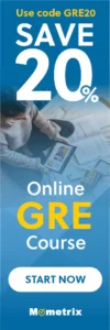 Banner advertising an online GRE course by Mometrix, offering a 20% discount using the code GRE20. Includes a "Start Now" call-to-action button.