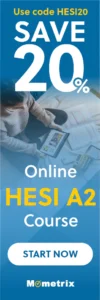 Banner offering a 20% discount on the Online HESI A2 Course from Mometrix with code HESI20. "Save 20%" is in large text. A person is studying with a tablet. "Start Now" button included.