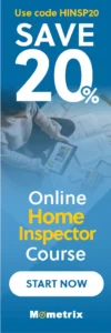 Banner for Mometrix's Online Home Inspector Course featuring an offer to save 20% using the code HINSP20. It shows a person using a tablet and paperwork, with text: "Start Now.