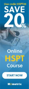 Banner ad for an online HSPT course. It features a person using a tablet with study materials, promoting a 20% discount with code HSPT20. "Save 20%" and "Start Now" are emphasized. Mometrix is the provider.