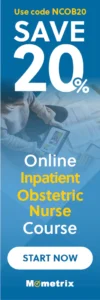 Vertical banner promoting a 20% discount on an online inpatient obstetric nurse course from Mometrix, with a "Start Now" button and a code NCOB20.