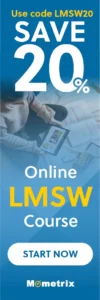 A person studies while looking at a tablet, offering a 20% discount code LMSW20 for an online LMSW course from Mometrix. "Start Now" button is visible at the bottom.