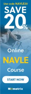 Vertical banner ad for Mometrix Online NAVLE Course with 20% discount using code NAVLE20. Features a person studying with a tablet and documents. Text includes "Save 20%, Start Now.