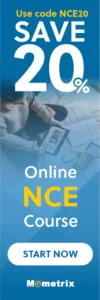 Advertisement banner for Mometrix Online NCE Course. It features a person using a tablet with documents spread around and promotes a 20% discount using the code NCE20. Text includes "START NOW.