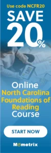 Banner for Mometrix's Online North Carolina Foundations of Reading Course. Save 20% with code NCFR20. "Start Now" button at the bottom.