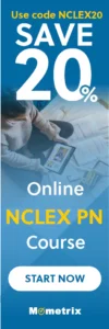 Banner ad promoting an NCLEX-PN online course by Mometrix, offering a 20% discount with the code NCLEX20 and a "Start Now" button.
