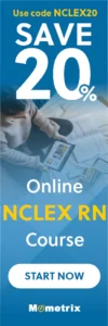 Banner advertising a 20% discount on an online NCLEX RN course with a promo code, showing a person studying with books and a tablet. The call to action button reads "Start Now," and the provider is Mometrix.