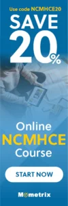 Banner ad showcasing a discount code "NCMHCE20" for 20% off an online NCMHCE (National Clinical Mental Health Counseling Examination) course by Mometrix. Includes a "START NOW" button.