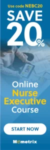 A person uses a laptop with papers spread out. Text reads: "Use code NEBC20, SAVE 20% Online Nurse Executive Course. START NOW. Mometrix.