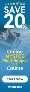 Banner advertising a 20% discount on Mometrix's online NYSTCE Multi-Subject 1-6 course using code NY1620. It features a person studying with materials and a tablet.