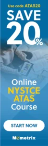 Banner promoting an online NYSTCE ATAS course by Mometrix with a 20% discount using code ATAS20. Includes an image of a person using a tablet. Text reads, "Save 20%," "Start Now.