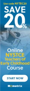 Advertisement for an online NYSTCE Teachers of Early Childhood course with a 20% discount using code NYTEC20, provided by Mometrix. Features a person studying with papers and a laptop. Button says "Start Now.