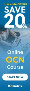 Banner promoting an online OCN course with a 20% discount code "OCN20." The banner includes the text "SAVE 20%" and "START NOW." The background features a person studying with papers and a tablet.