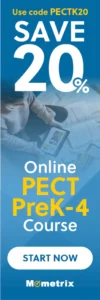 Banner ad: "Use code PECTK20 to save 20% on Online PECT PreK-4 Course. Start Now - Mometrix." Image shows a person holding a tablet and reading materials.