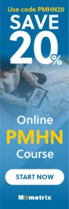 Banner with text: "Use code PMHN20. SAVE 20%. Online PMHN Course. START NOW. Mometrix." Background shows a person working on a tablet and papers.