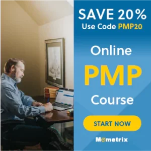 A man sits at a desk using a laptop. Text on the right side reads: "SAVE 20% Use Code PMP20 Online PMP Course START NOW Mometrix.