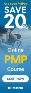 Advertisement banner for an online PMP course offering a 20% discount with the code PMP20. The banner includes a "Start Now" button and the Mometrix logo.