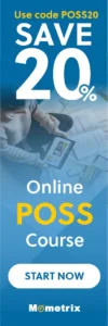 A person is sitting on the floor with papers, holding a tablet. The banner promotes a 20% discount on an online POSS course with the code POSS20. A "Start Now" button and the Mometrix logo are visible.
