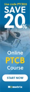 Banner ad showing a person holding a tablet with text: "Use code PTCB20, Save 20%, Online PTCB Course, Start Now, Mometrix.